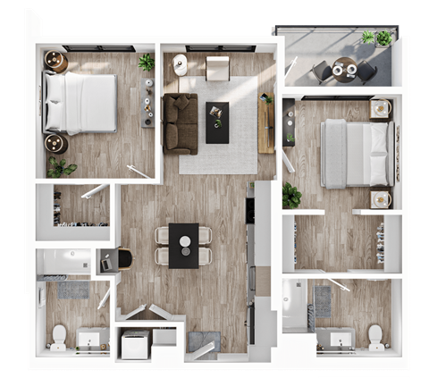 a 1 bedroom floor plan of a bedroom with a bathroom and a living room